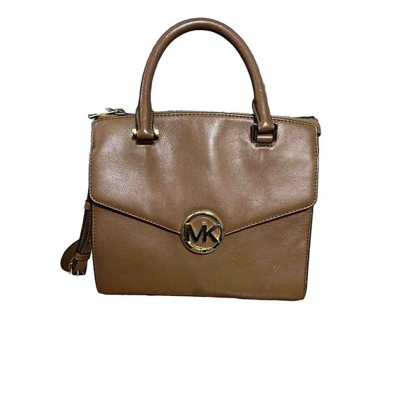 Michael Kors Caramel Chestnut Leather Designer Top Handle Crossbody Purse Brown - Picture 2 of 7